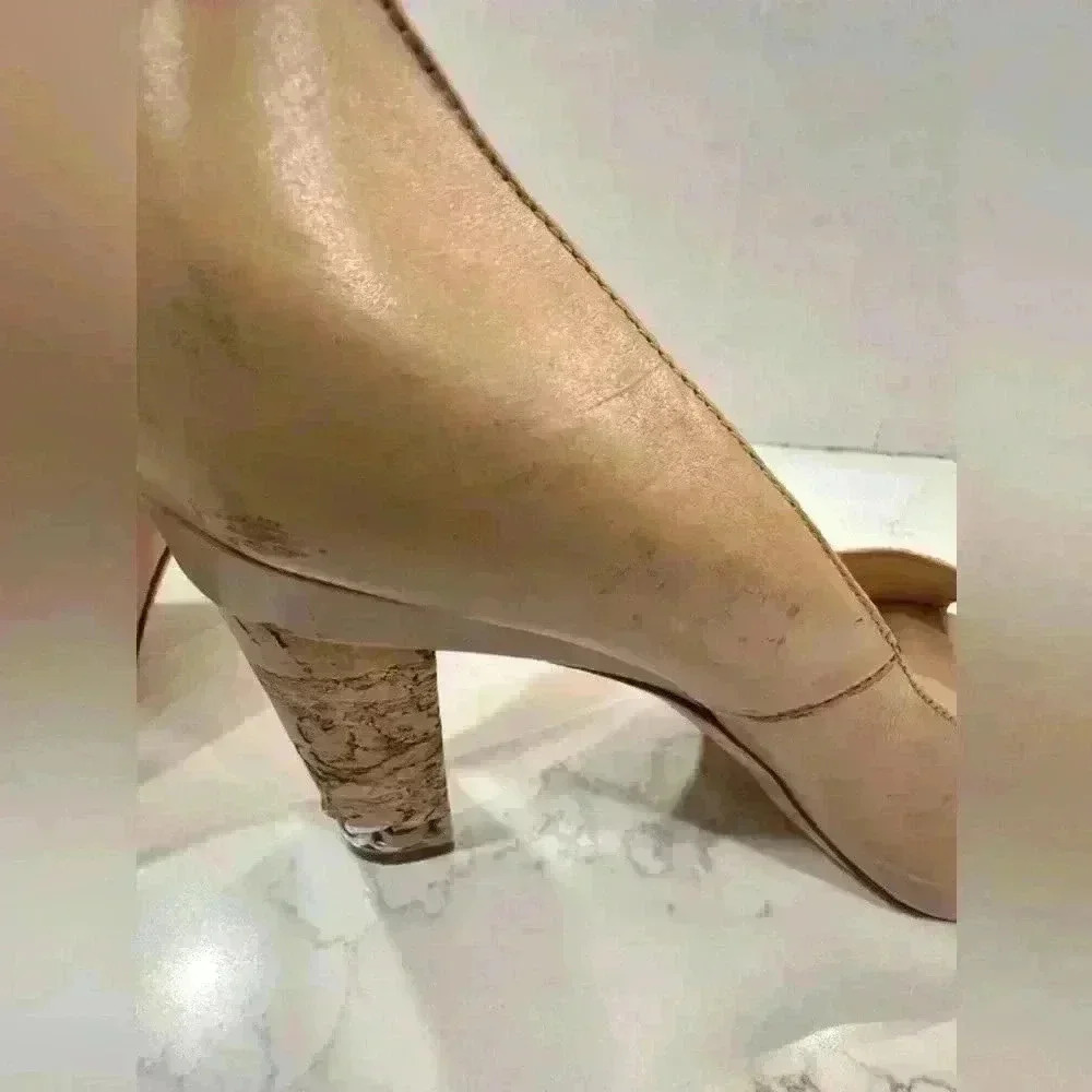 CHANEL Vintage Beige Leather Peep Toe Platform Cork Chain Pumps (Size 39 1/2) - Picture 14 of 16